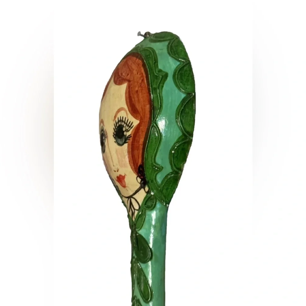 Vintage Mexican Folk Art Hand Mirror — Hand-Painted “Lady Face” — Signed